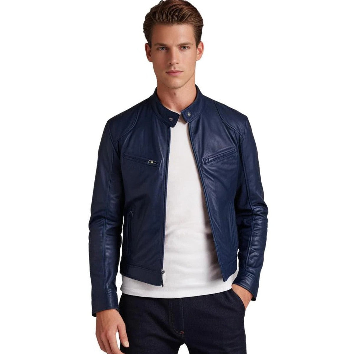 Leather Motorcycle Biker Jacket for Men with Quilted Shoulders and Zip Pockets