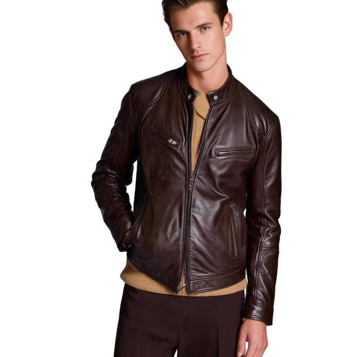 Leather Motorcycle Biker Jacket for Men with Quilted Shoulders and Zip Pockets