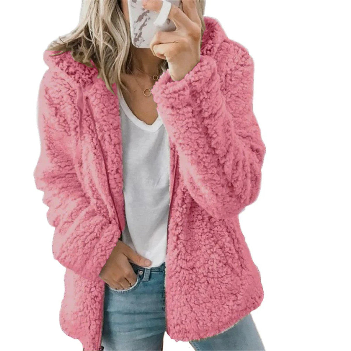 Plush Faux Fur Teddy Jacket with Hood and Front Pockets