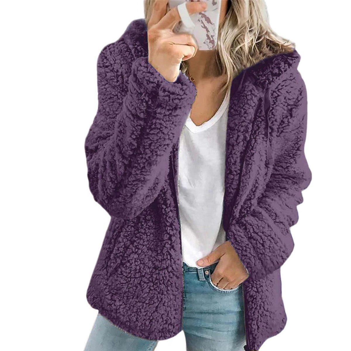 Plush Faux Fur Teddy Jacket with Hood and Front Pockets