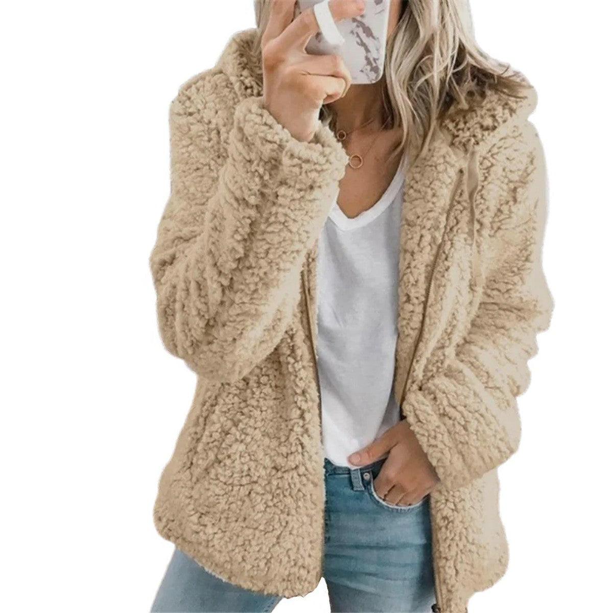 Plush Faux Fur Teddy Jacket with Hood and Front Pockets