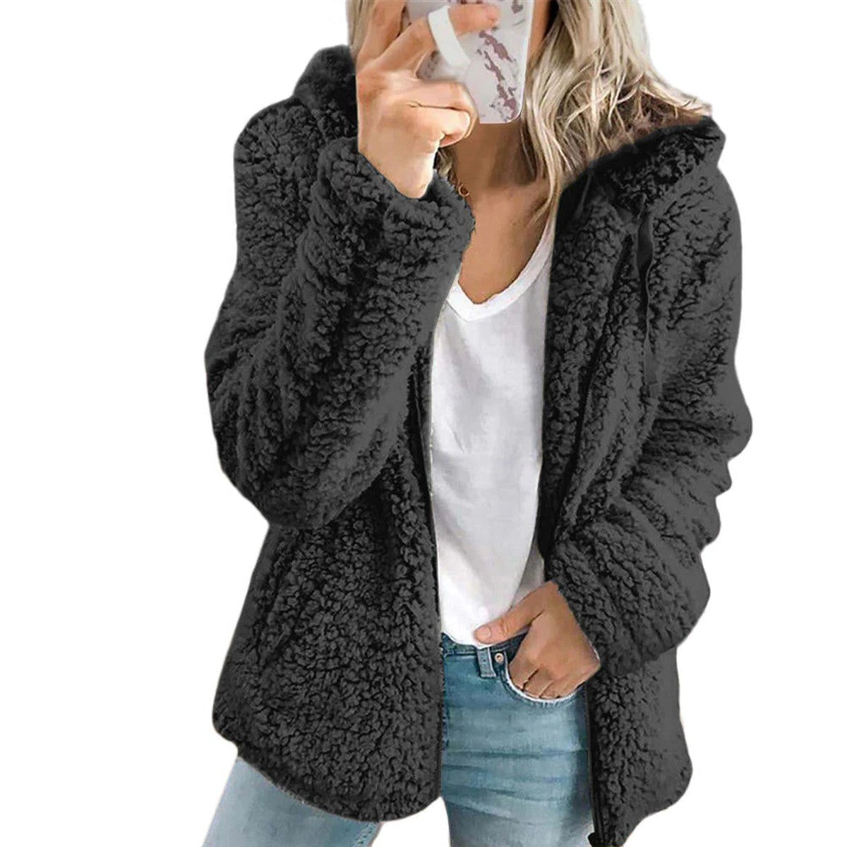 Plush Faux Fur Teddy Jacket with Hood and Front Pockets