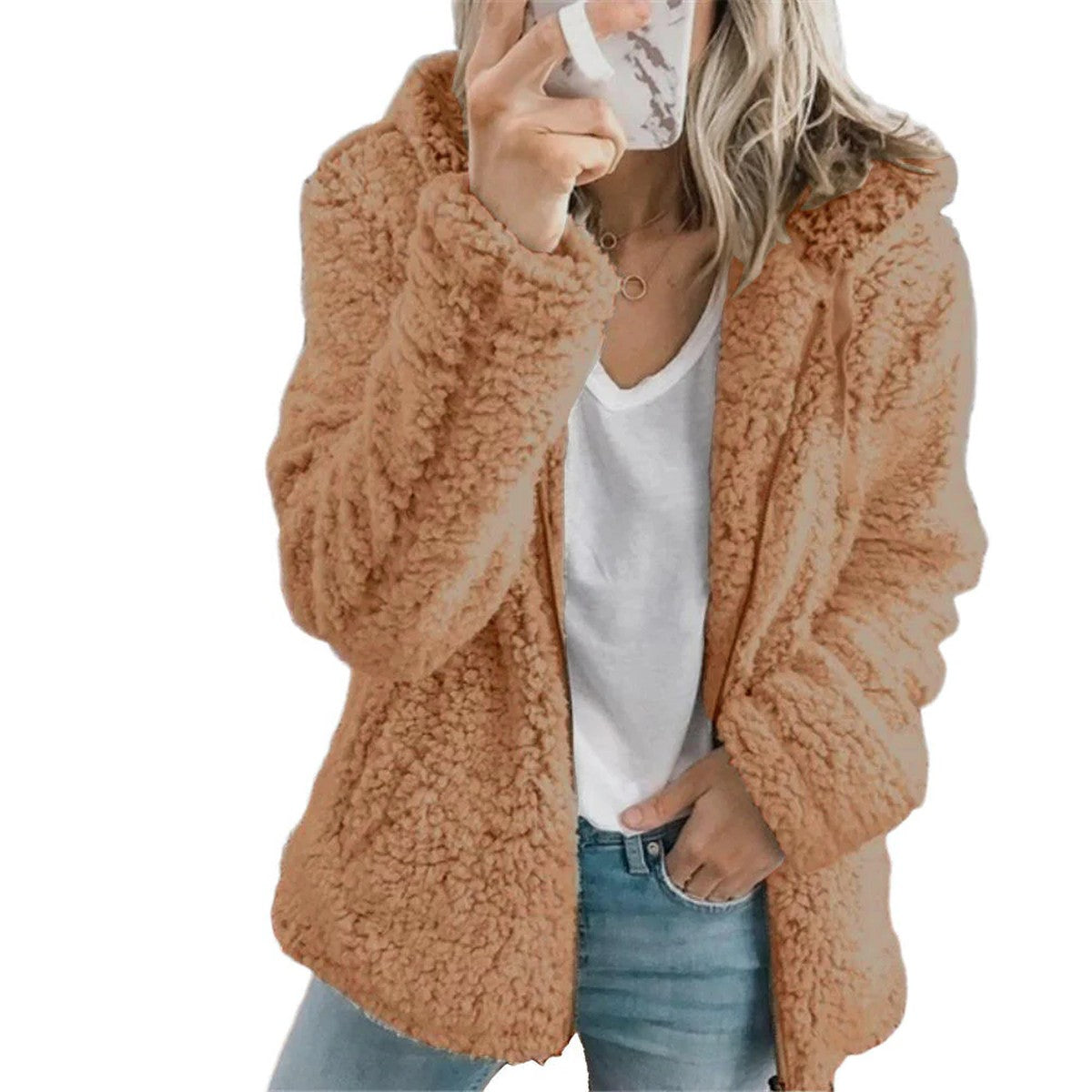 Plush Faux Fur Teddy Jacket with Hood and Front Pockets
