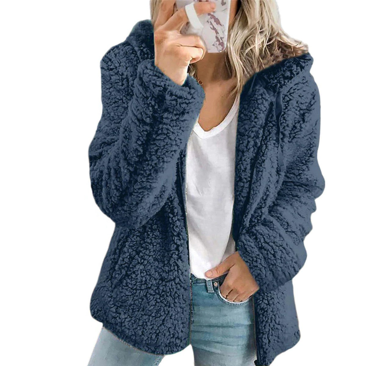 Plush Faux Fur Teddy Jacket with Hood and Front Pockets