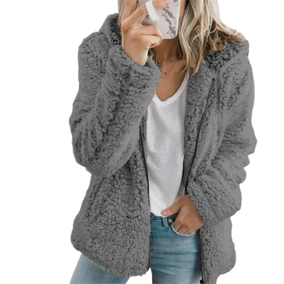 Plush Faux Fur Teddy Jacket with Hood and Front Pockets