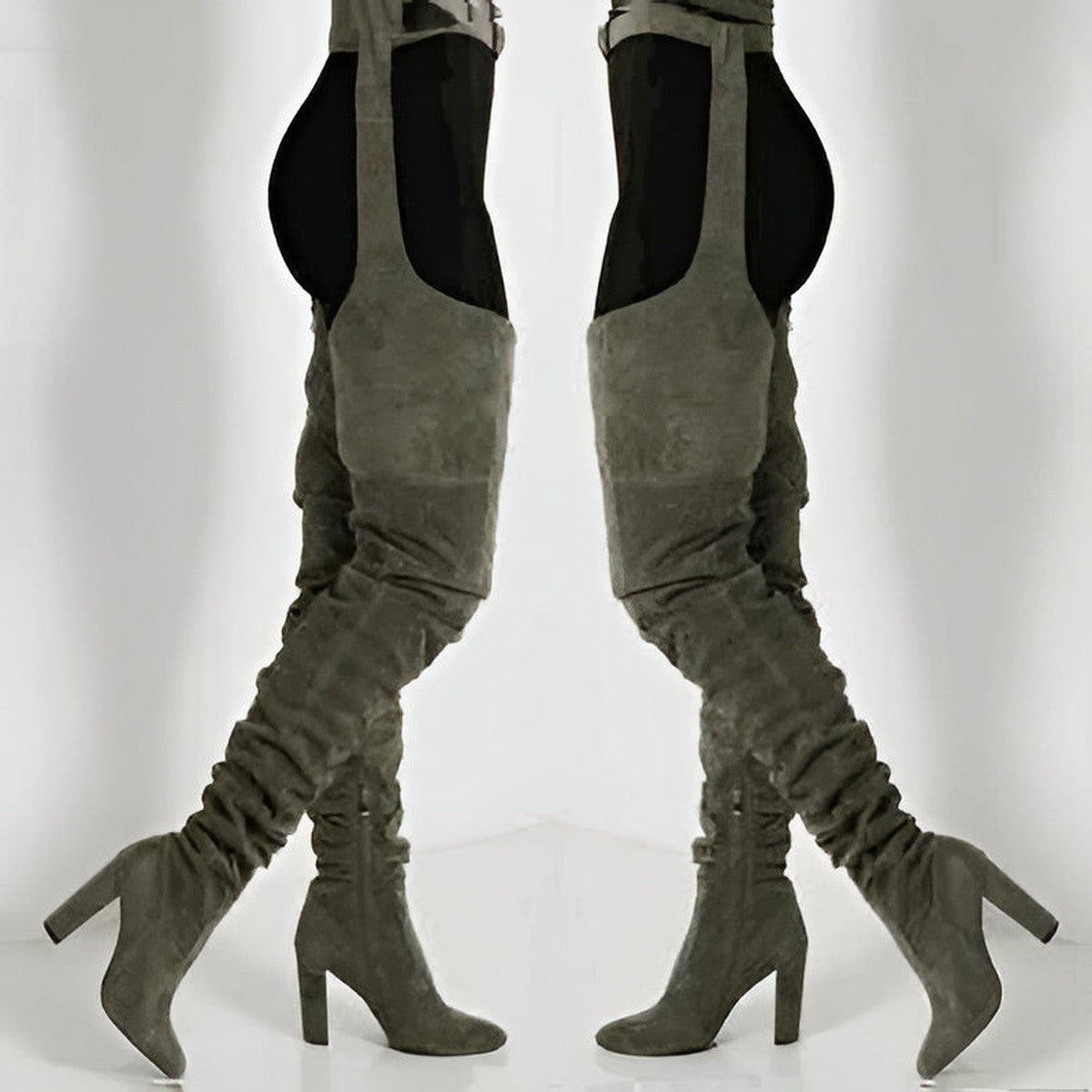 Faux Suede Thigh High Boots with Adjustable Waist Belt and Block Heel