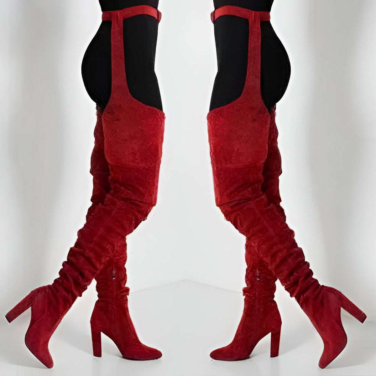 Faux Suede Thigh High Boots with Adjustable Waist Belt and Block Heel