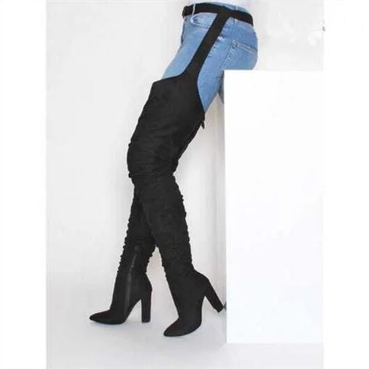Faux Suede Thigh High Boots with Adjustable Waist Belt and Block Heel