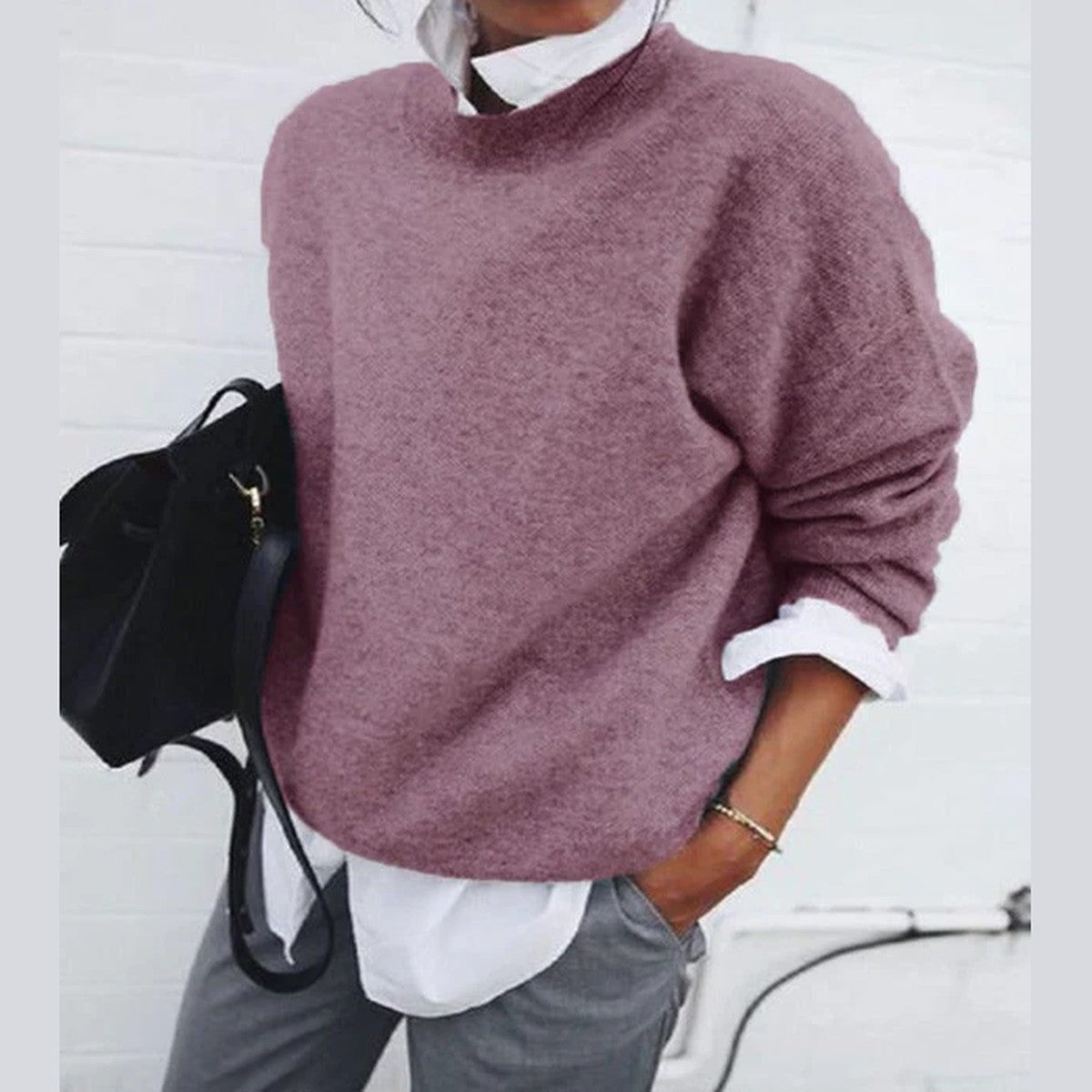 Long Sleeve Crewneck Cashmere Sweater with Ribbed Cuffs and Hem