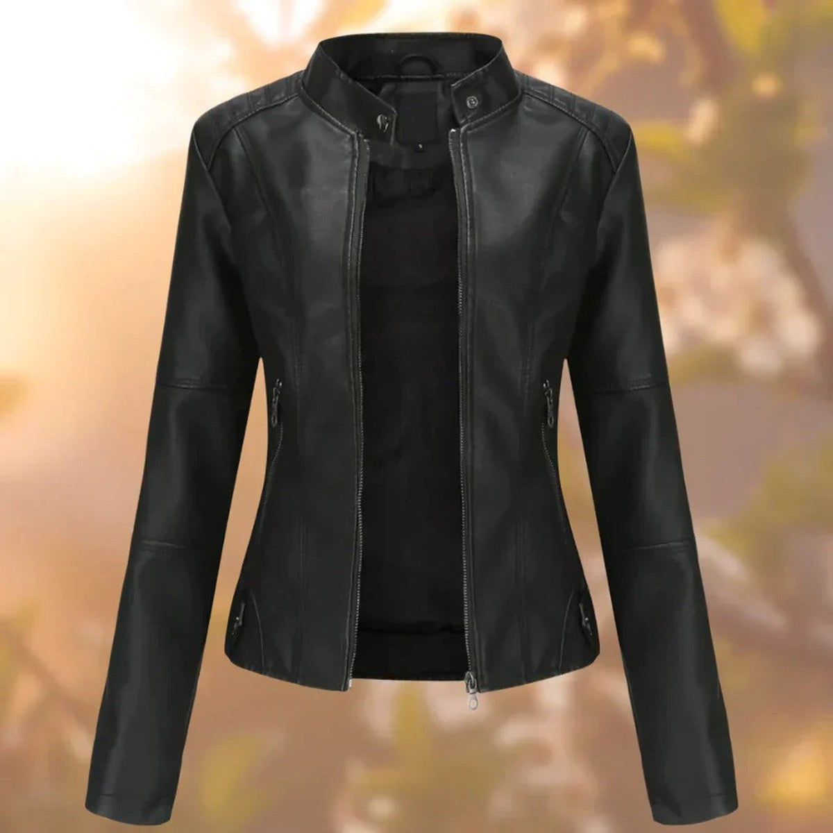 Women Faux Leather Biker Jacket with Lapel Collar and Adjustable Waist Belt