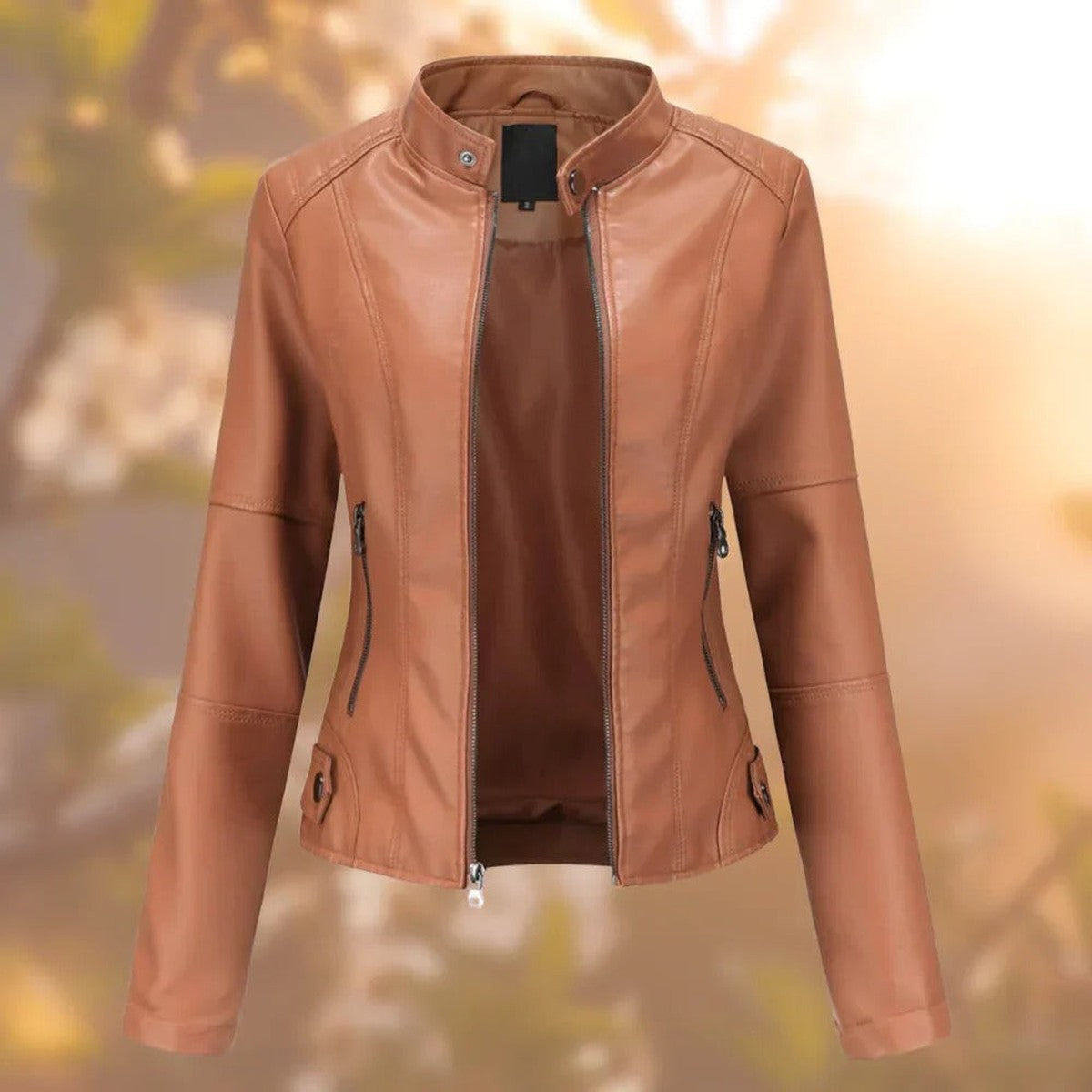 Women Faux Leather Biker Jacket with Lapel Collar and Adjustable Waist Belt