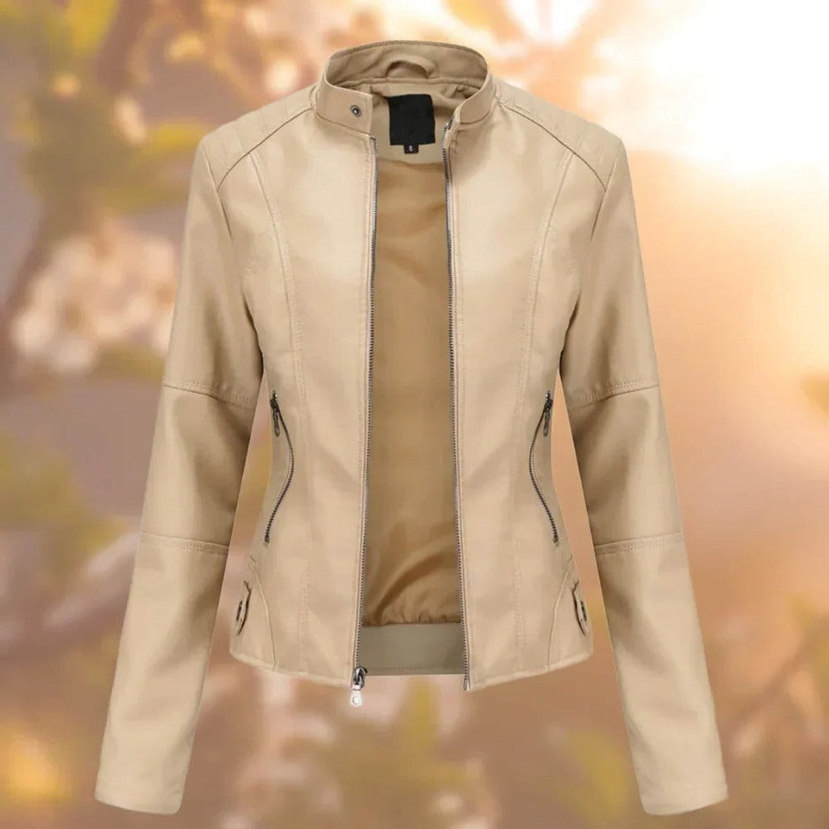 Women Faux Leather Biker Jacket with Lapel Collar and Adjustable Waist Belt