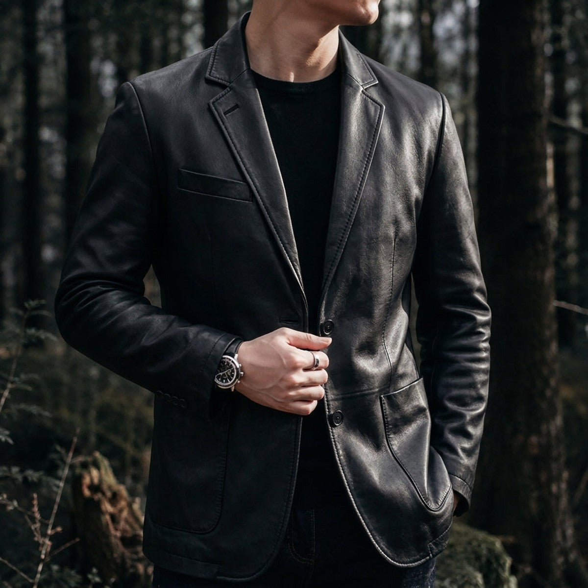 Mens Vintage Faux Leather Bomber Jacket with Stand Collar and Zip Front
