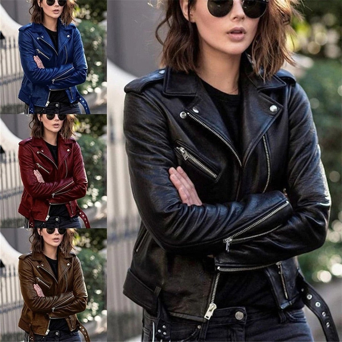Casual Faux Leather Jacket with Stand Collar and Zip Front