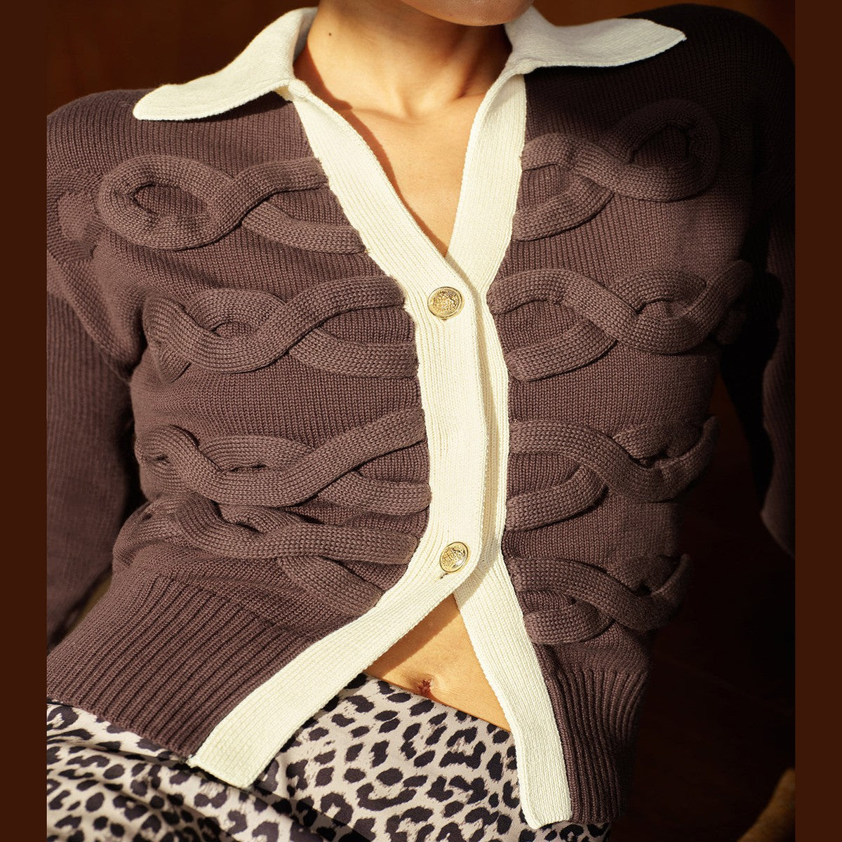 Long Sleeve Cable Knit Sweater with Contrast Spread Collar and Gold Buttons