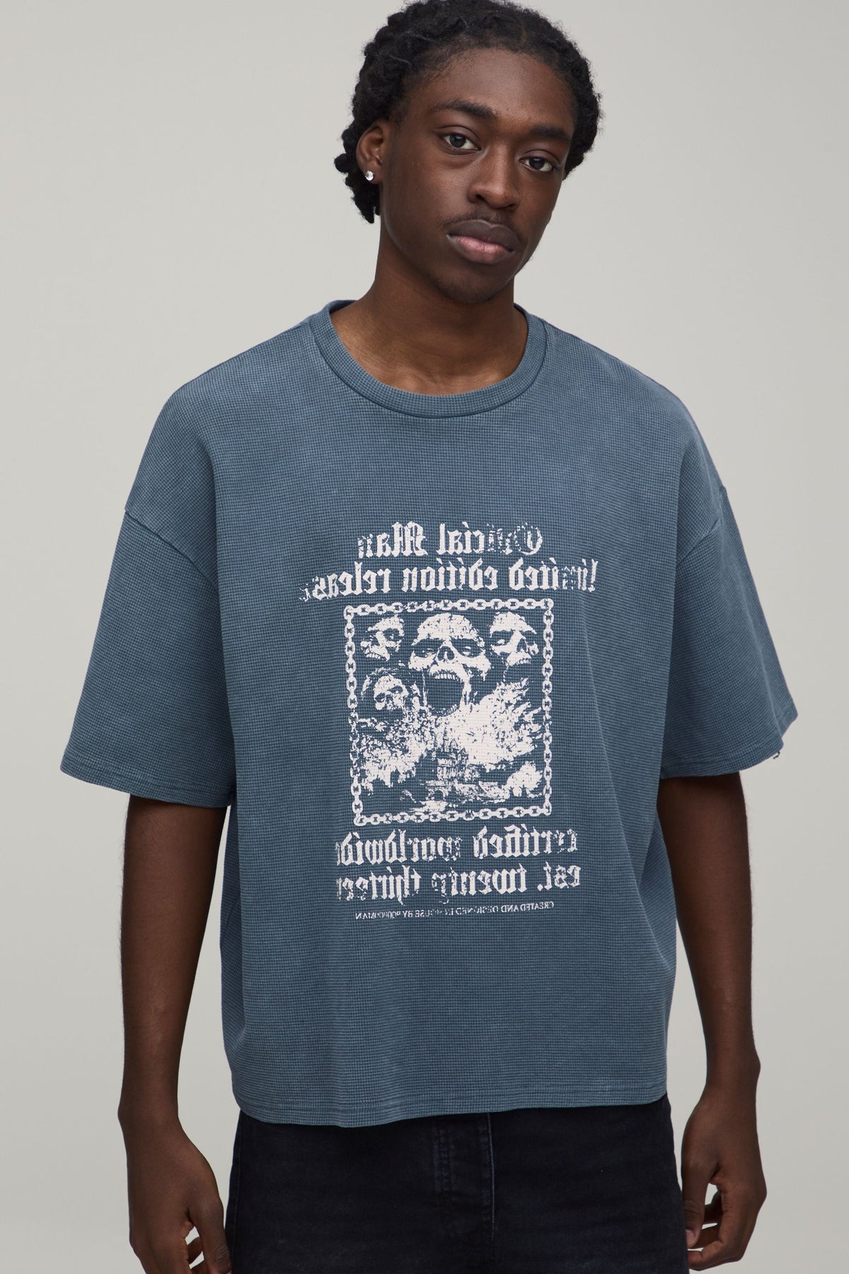 Loose Fit Graphic Tee with Textured Knit in Charcoal