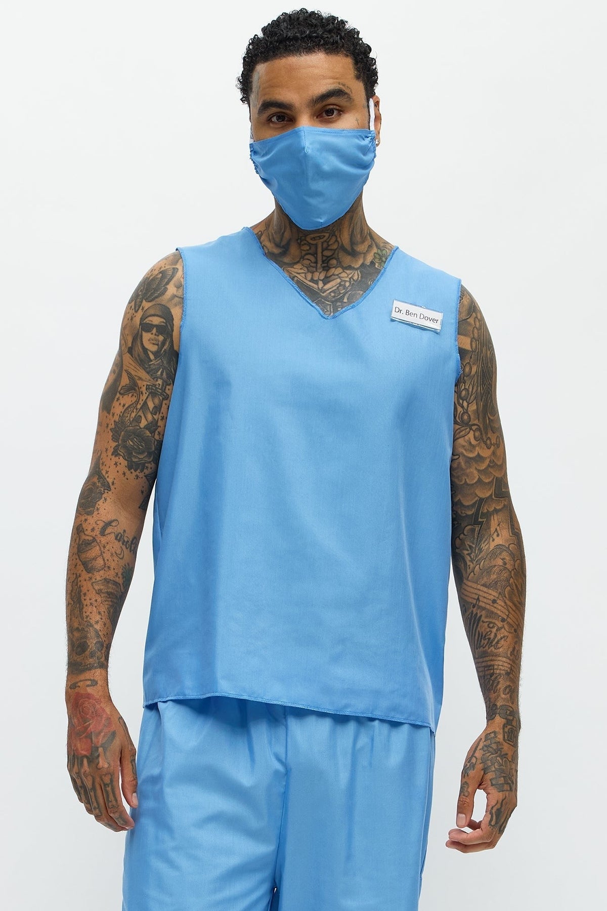 Blue Medical Scrubs Costume Set with V Neck Top and Loose Fit Pants for Men