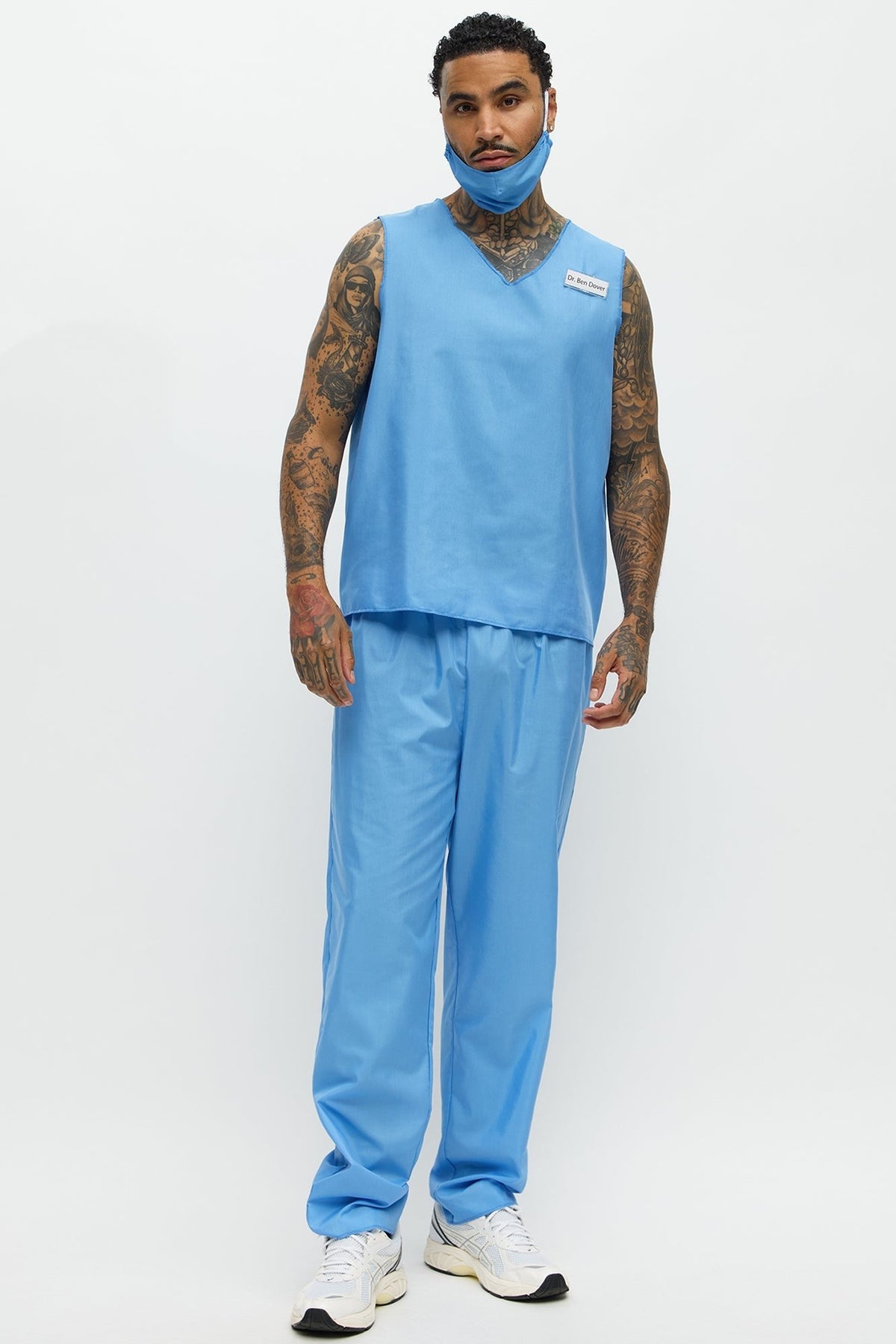Blue Medical Scrubs Costume Set with V Neck Top and Loose Fit Pants for Men