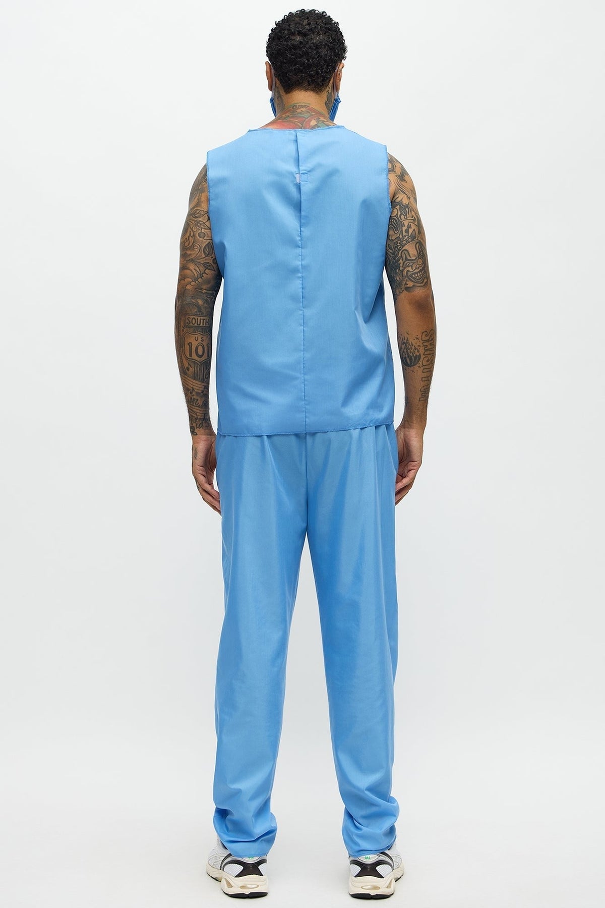 Blue Medical Scrubs Costume Set with V Neck Top and Loose Fit Pants for Men