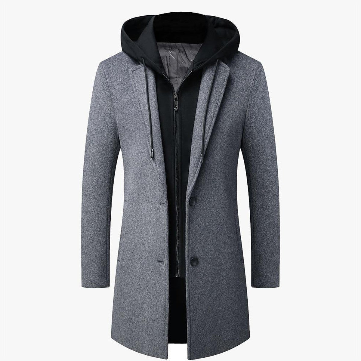 Mens Wool Blend Trench Coat with Detachable Hooded Bib Layer