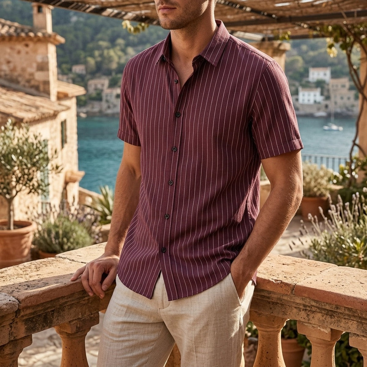 Men Short Sleeve Casual Button Down Shirt with Vertical Striped Pattern