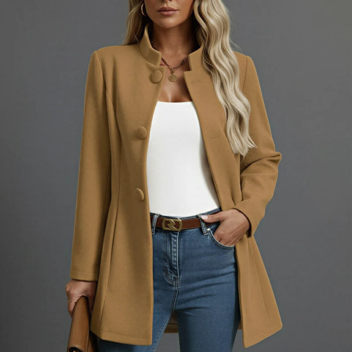 Women Long Trench Coat with Belt and Double Breasted Lapel Collar