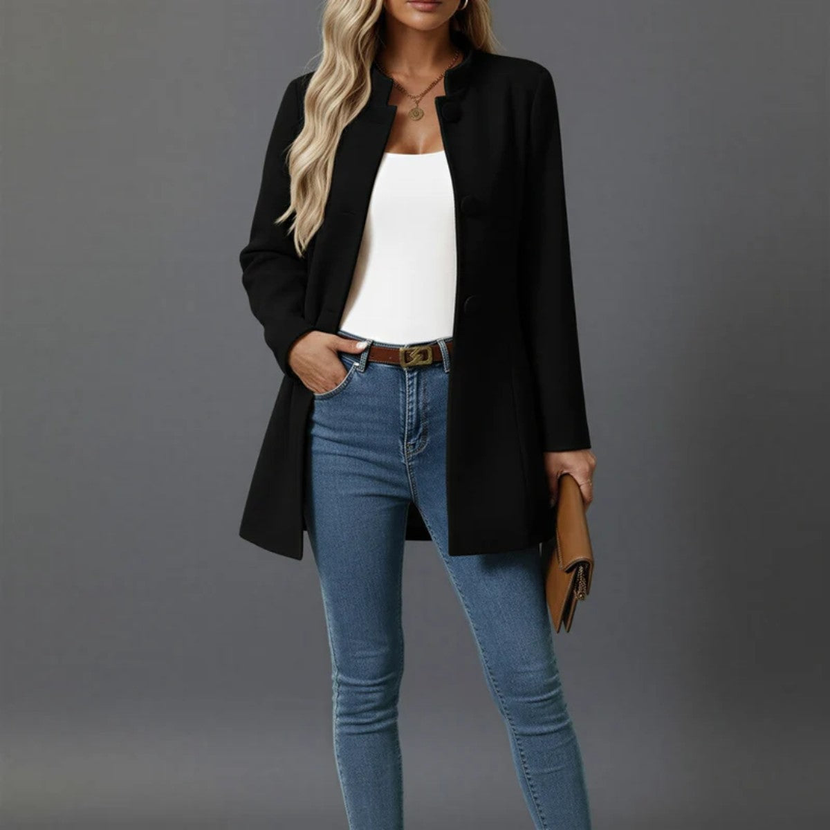 Women Long Trench Coat with Belt and Double Breasted Lapel Collar
