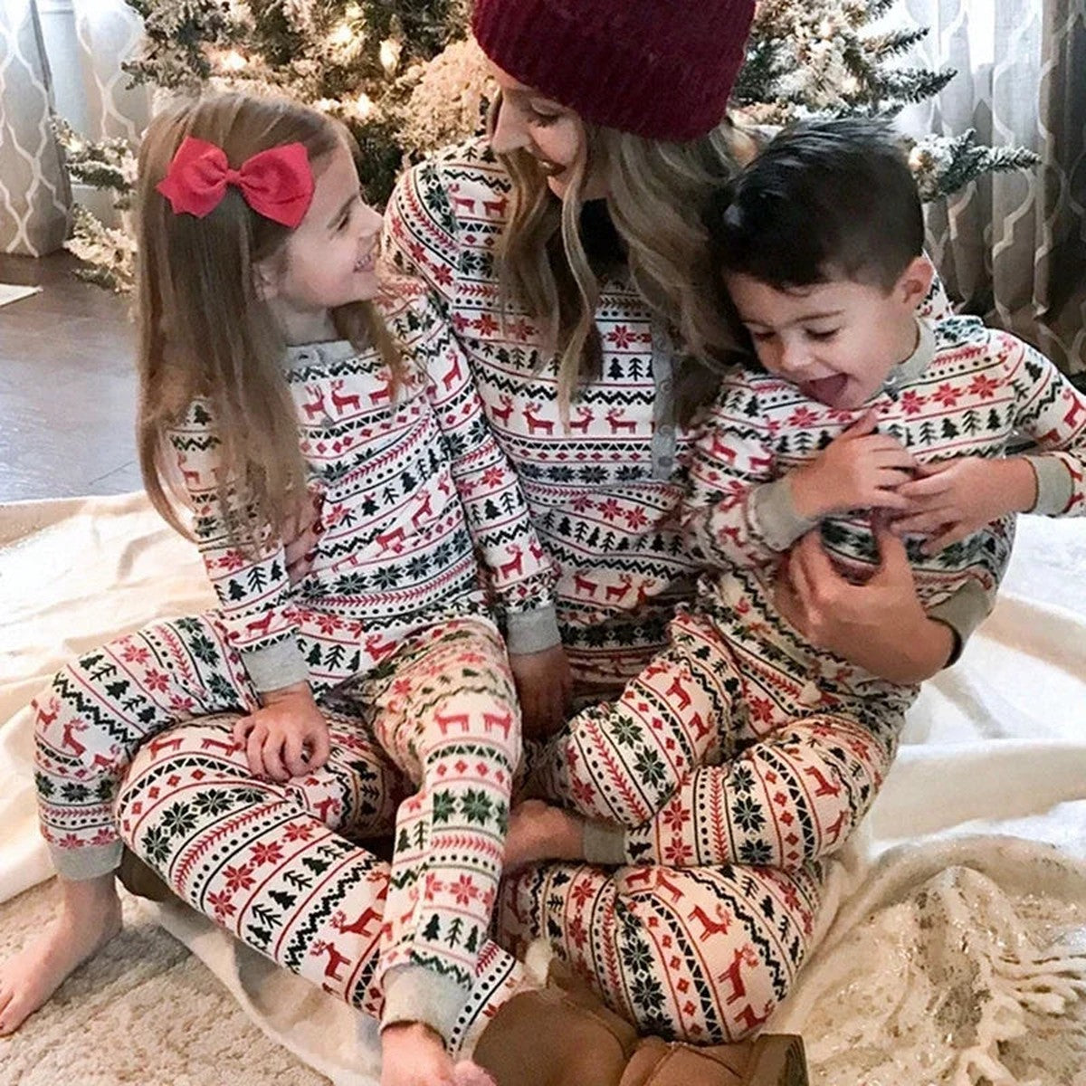 Matching Holiday Sleepwear Loungewear with Festive Christmas Tree Pattern for Families