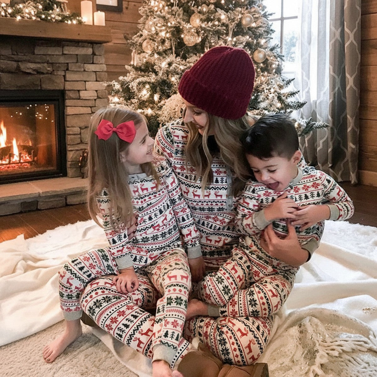 Matching Holiday Sleepwear Loungewear with Festive Christmas Tree Pattern for Families