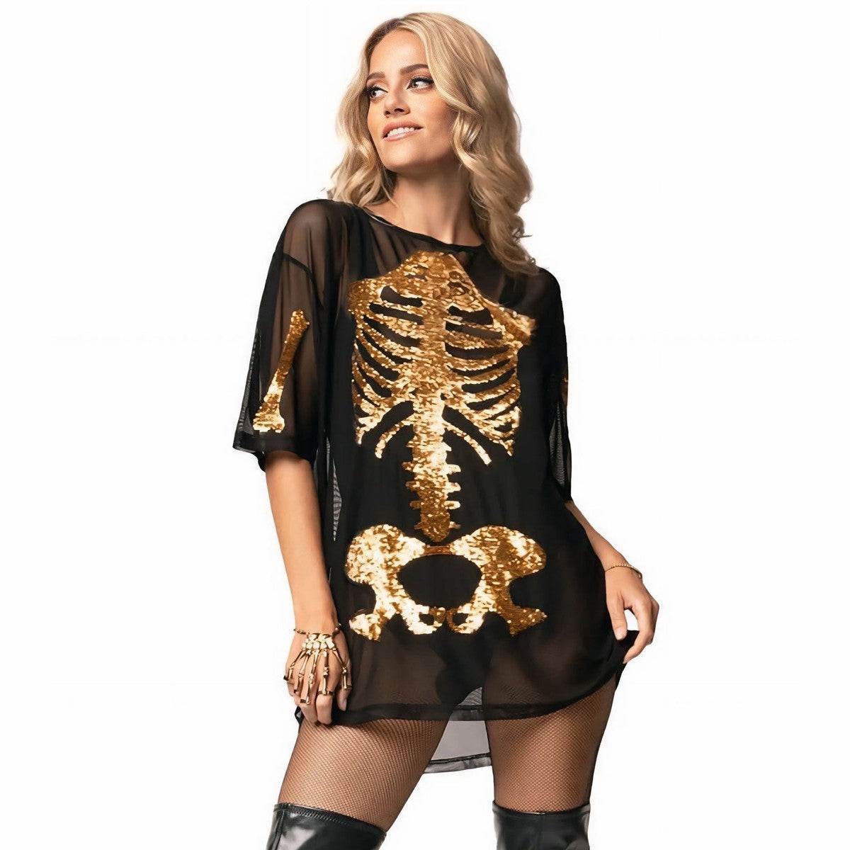 Metallic Gold Skeleton Graphic Long Sleeve Bodycon Dress with Sheer Mesh