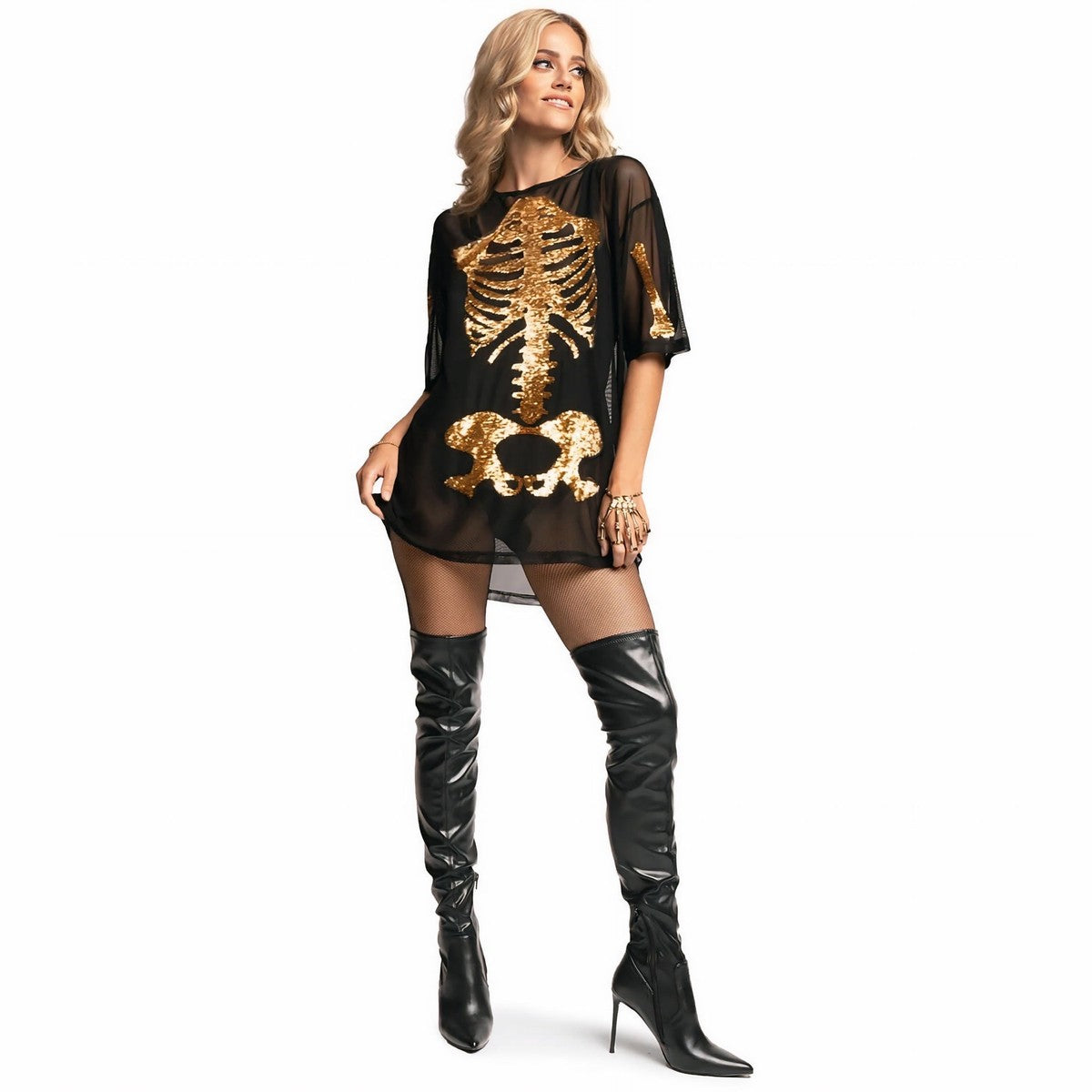 Metallic Gold Skeleton Graphic Long Sleeve Bodycon Dress with Sheer Mesh
