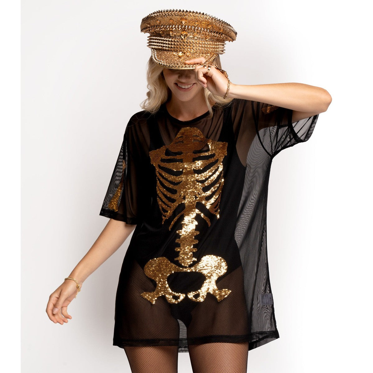 Metallic Gold Skeleton Graphic Long Sleeve Bodycon Dress with Sheer Mesh