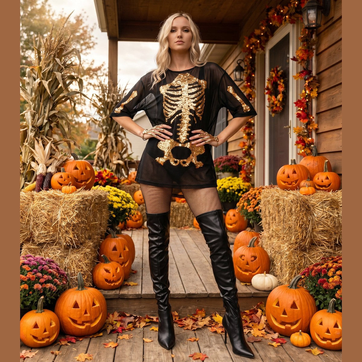 Metallic Gold Skeleton Graphic Long Sleeve Bodycon Dress with Sheer Mesh