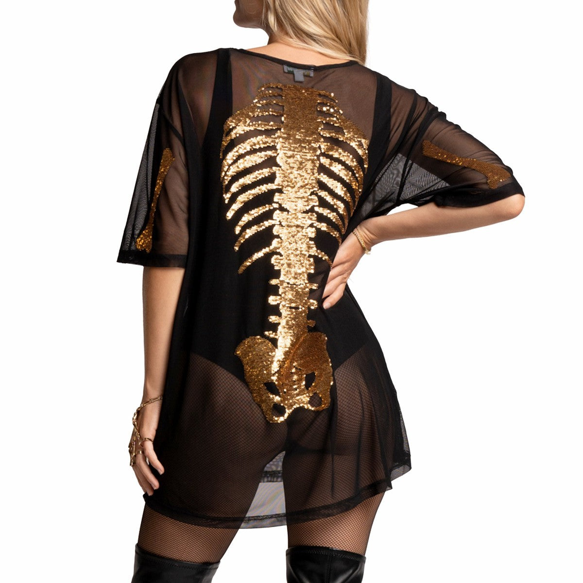 Metallic Gold Skeleton Graphic Long Sleeve Bodycon Dress with Sheer Mesh