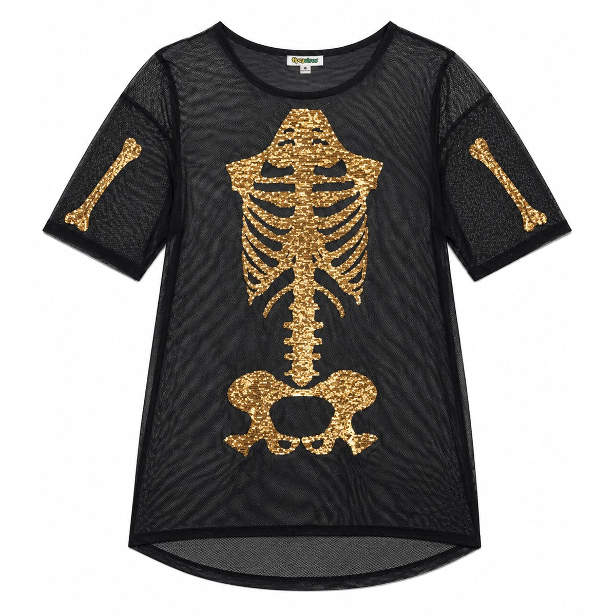 Metallic Gold Skeleton Graphic Long Sleeve Bodycon Dress with Sheer Mesh