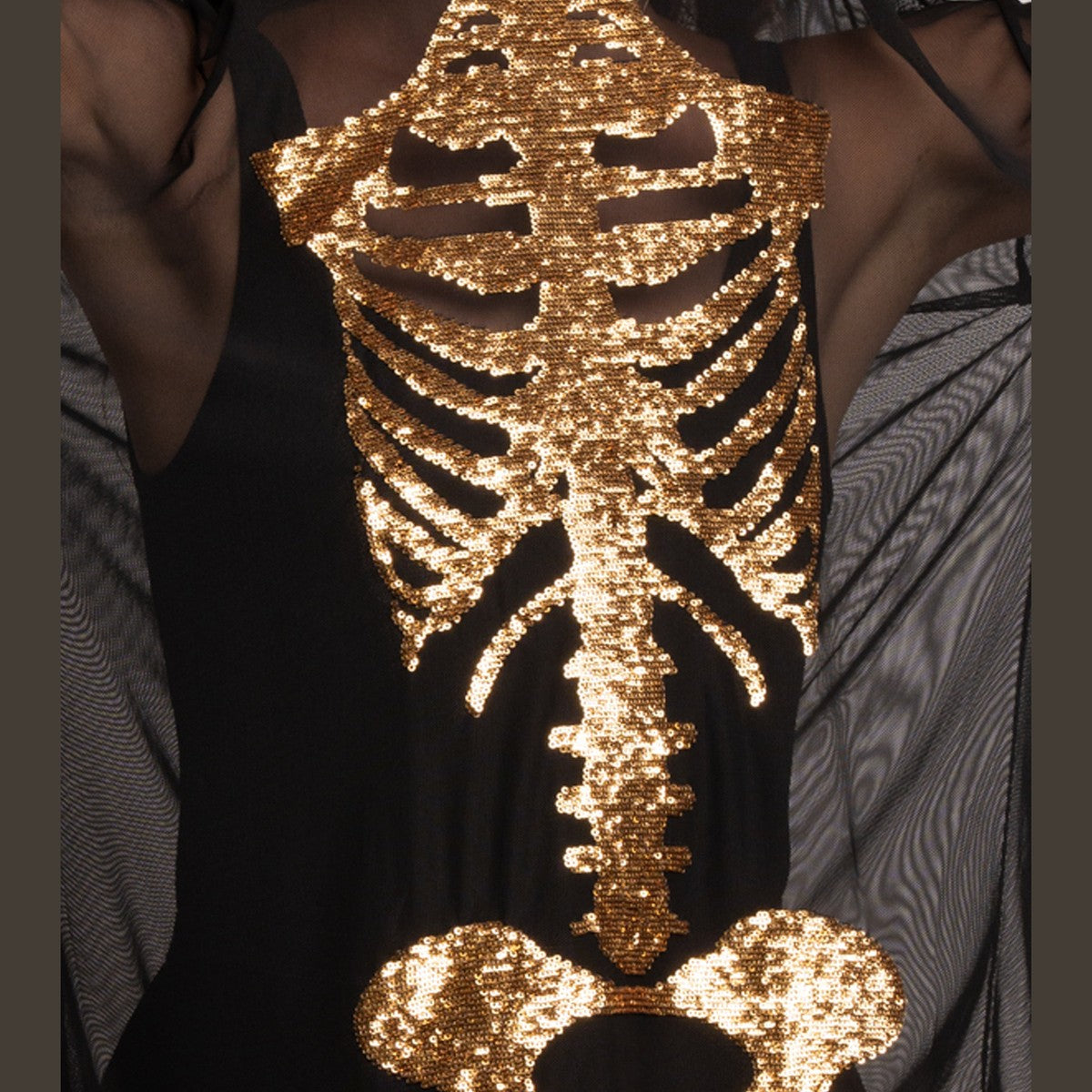 Metallic Gold Skeleton Graphic Long Sleeve Bodycon Dress with Sheer Mesh