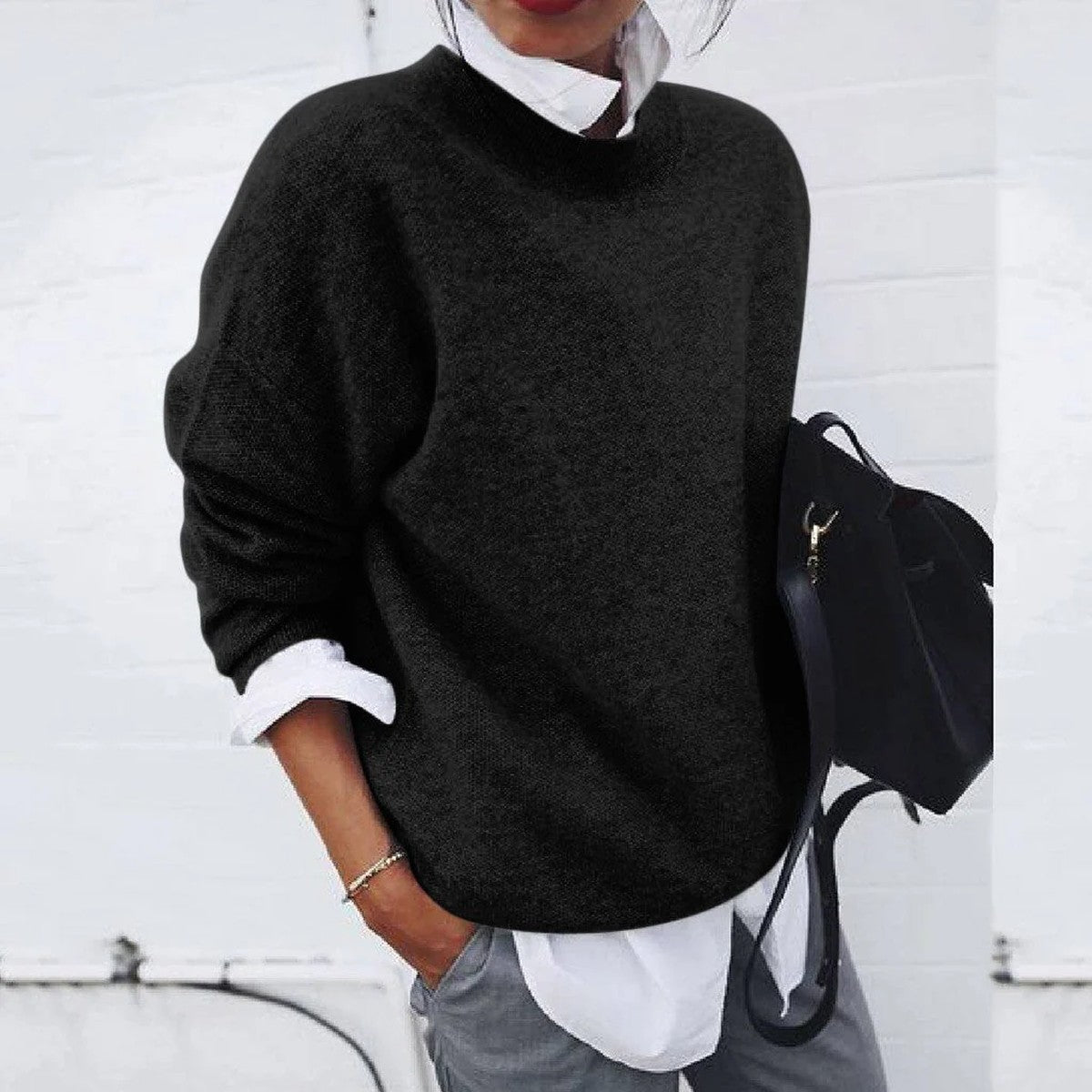 Women Textured Chunky Knit Pullover Sweater with Turn Down Collar