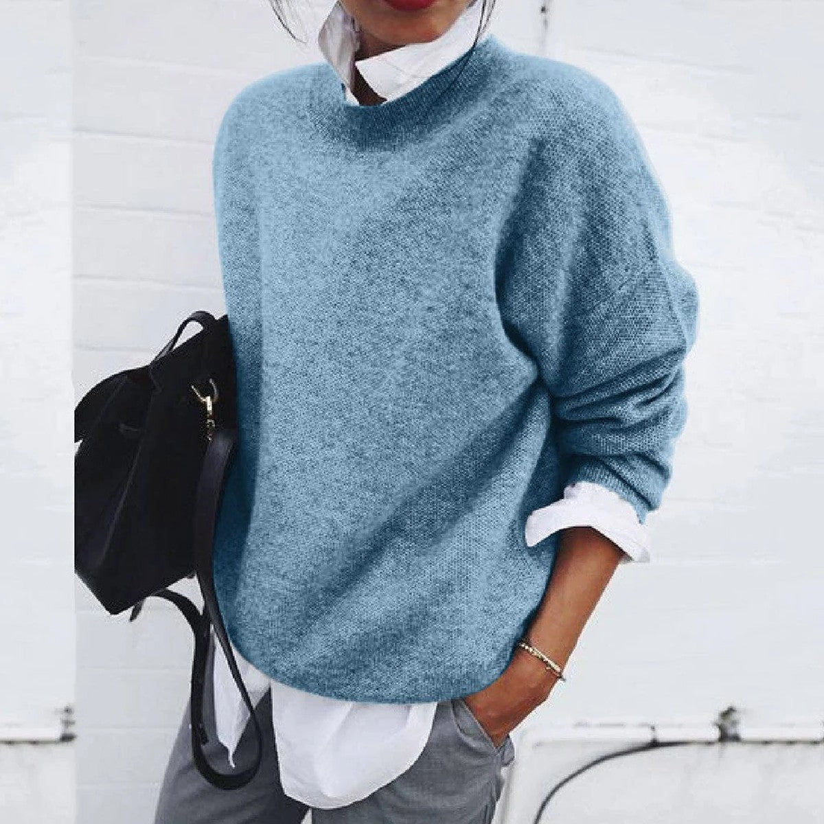 Women Textured Chunky Knit Pullover Sweater with Turn Down Collar