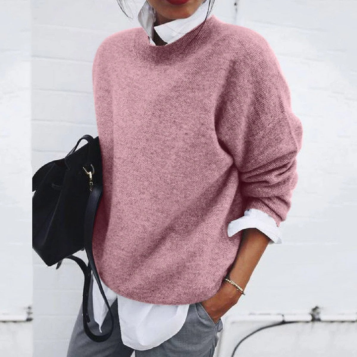 Women Textured Chunky Knit Pullover Sweater with Turn Down Collar