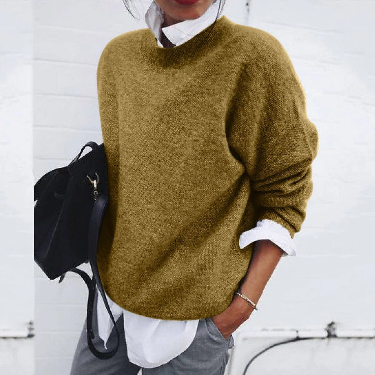 Women Textured Chunky Knit Pullover Sweater with Turn Down Collar
