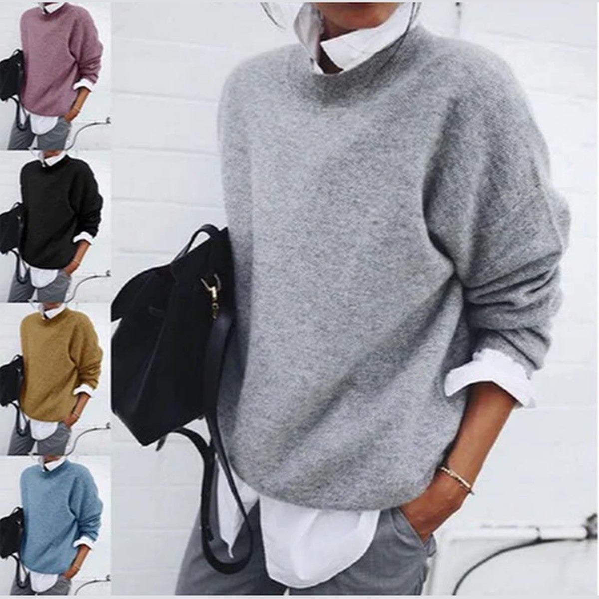 Women Textured Chunky Knit Pullover Sweater with Turn Down Collar