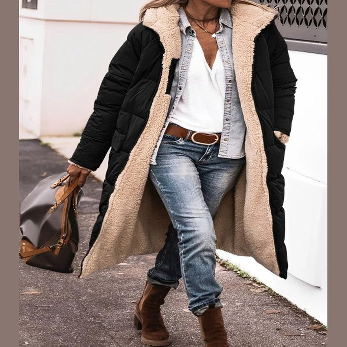 Women Fuzzy Fleece Longline Hooded Coat with Front Pockets for Winter Warmth