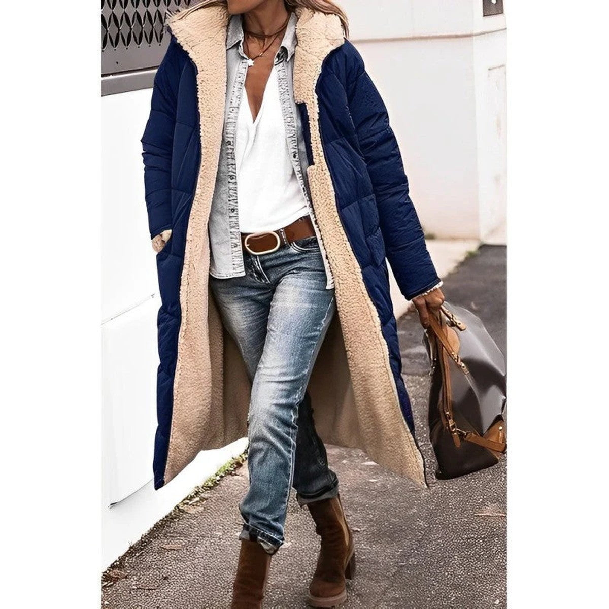 Women Fuzzy Fleece Longline Hooded Coat with Front Pockets for Winter Warmth