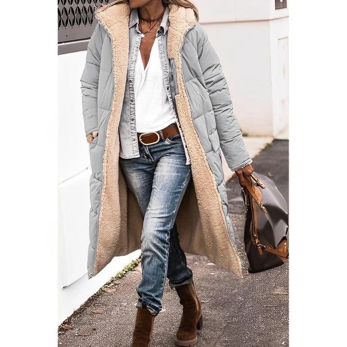 Women Fuzzy Fleece Longline Hooded Coat with Front Pockets for Winter Warmth