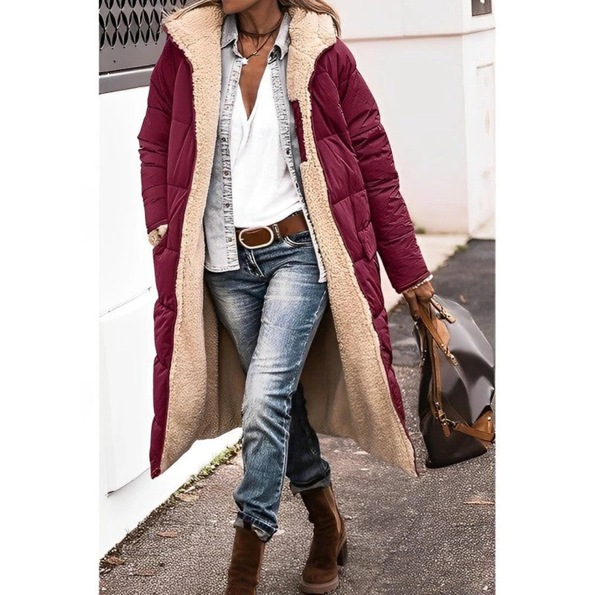Women Fuzzy Fleece Longline Hooded Coat with Front Pockets for Winter Warmth