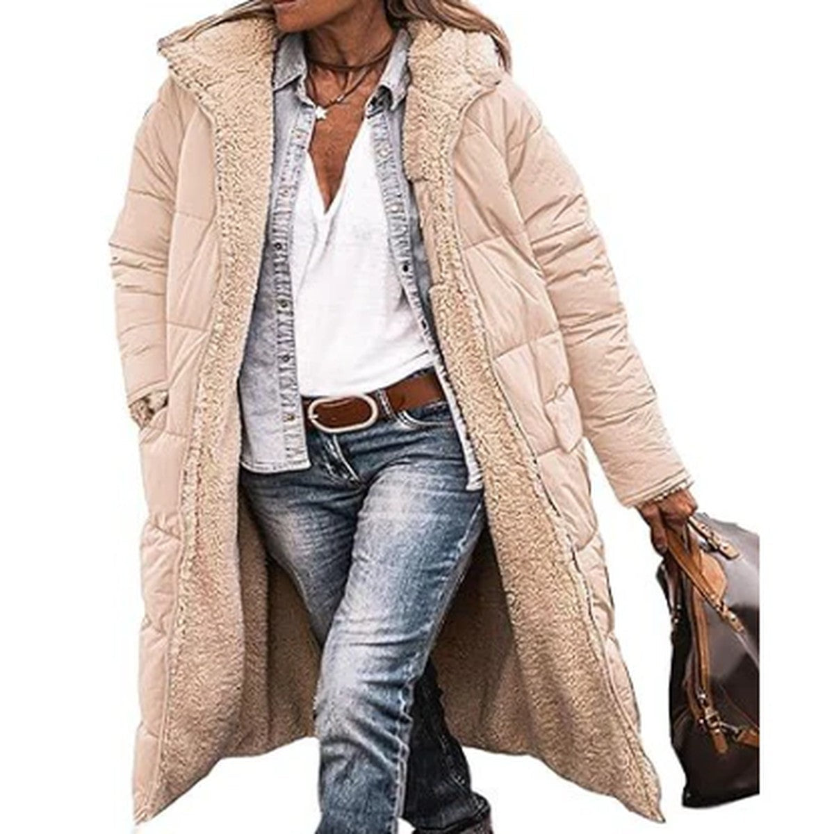 Women Fuzzy Fleece Longline Hooded Coat with Front Pockets for Winter Warmth