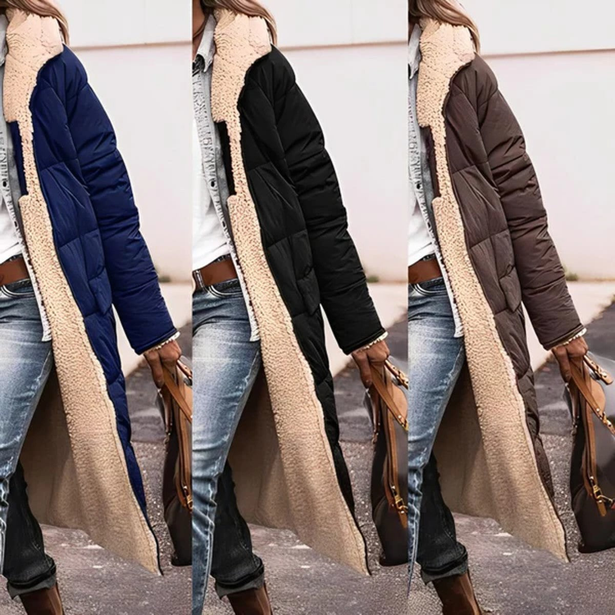 Women Fuzzy Fleece Longline Hooded Coat with Front Pockets for Winter Warmth