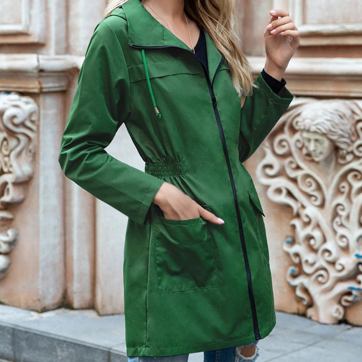 Long Sleeve Hooded Trench Coat with Front Asymmetric Zipper Closure