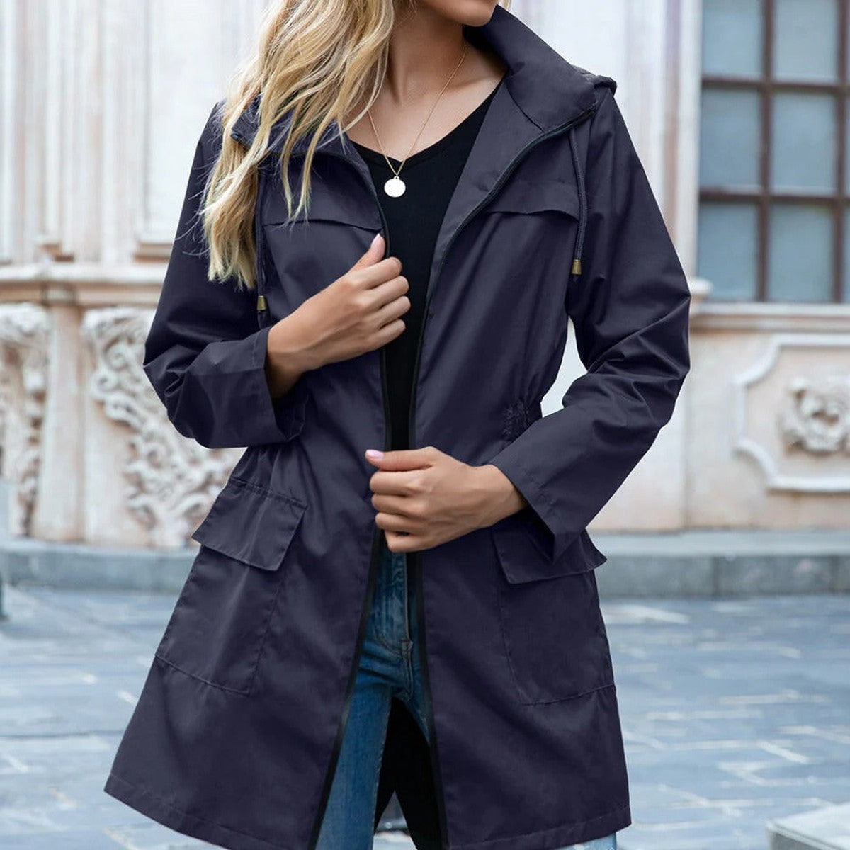 Long Sleeve Hooded Trench Coat with Front Asymmetric Zipper Closure