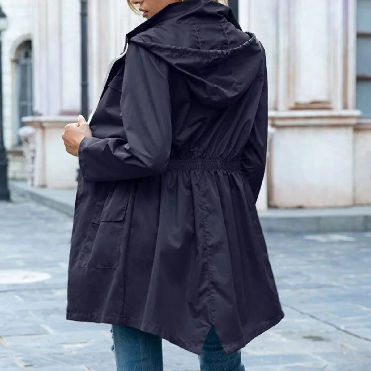 Long Sleeve Hooded Trench Coat with Front Asymmetric Zipper Closure